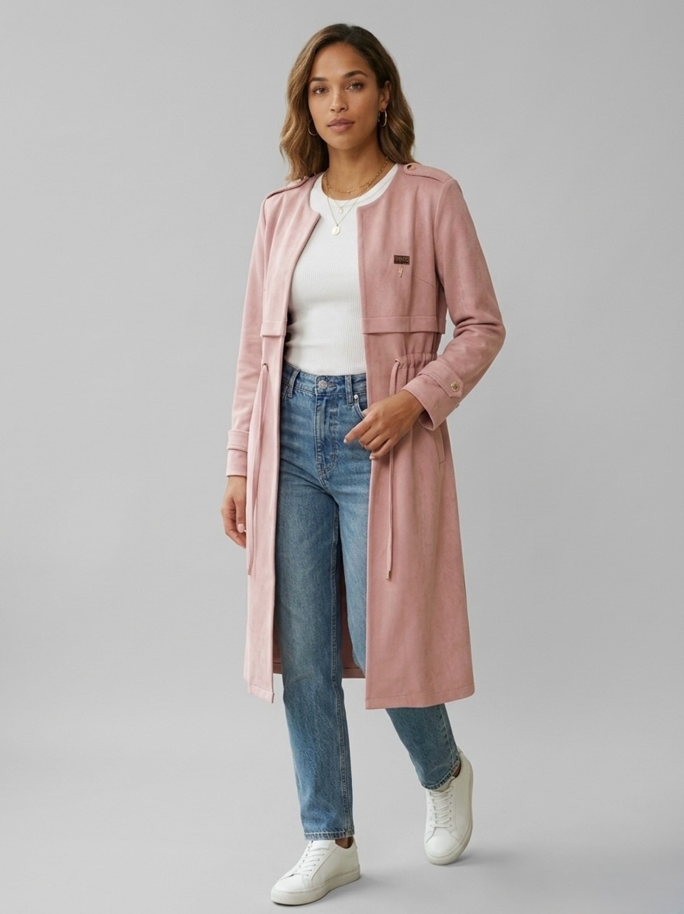 Elite Brand Faux Suede Duster Trench Coat Dusty Pink L